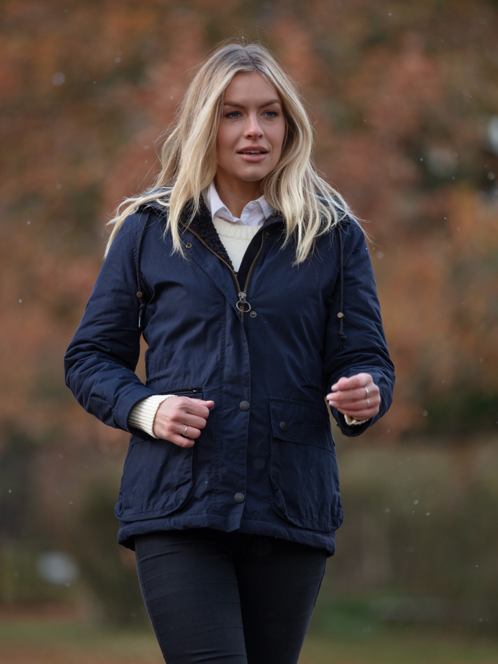 Hooded Newmarket Navy Ladies Wax Jacket John Partridge Co